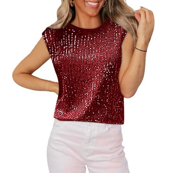 Brondbend Womans Shirt Women's Tops Crewneck Short Sleeved Sequin Solid Color Blouse Lightweight Loose Fit Ladies Tops Work Spring Summer Clothes Wine