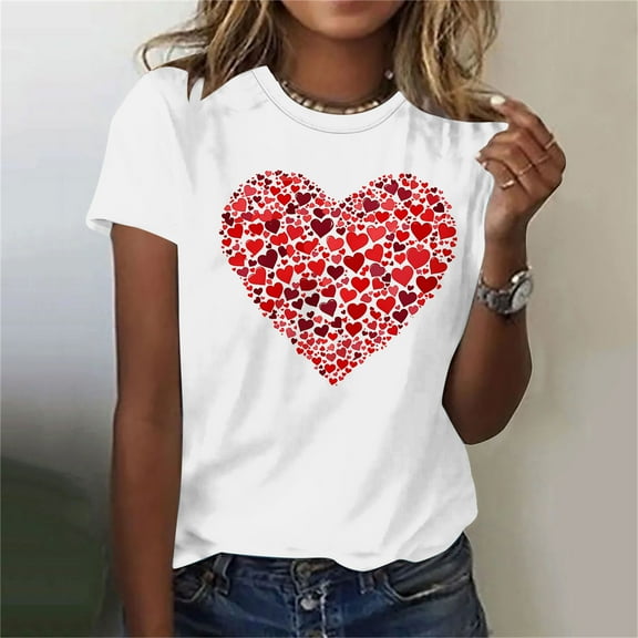 Brondbend Womans T Shirts Valentine's Day Women Tops Trendy Crewneck Short Sleeved Print Blouse Stylish Loose Fit Lady Tops Going out Spring Summer Clothes White