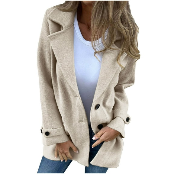 Brondbend Womans Winter Coat Fall Womens Jacket Turndown Collar Long Sleeved Pocket Button Outerwear Solid Color Warm Leisure Loose Fit Jacket Ladies Club Tops Beige