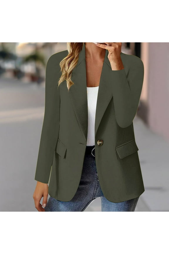Women Blazer Jacket Business Jackets for Women Lapel Long Sleeved Single Button Top with Pocket Solid Color Slim Fashion Party Work Outerwear Comfortable Army Green