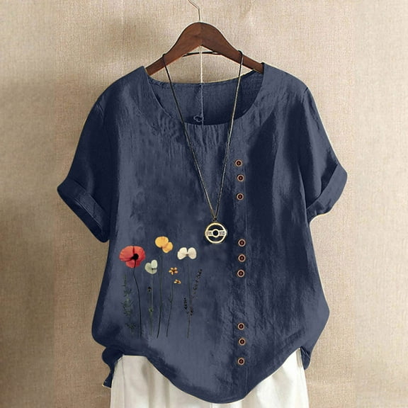 Brondbend Women Casual Top Woman T Shirt Crew Neck Short Sleeved Cotton Blouse Print Casual Loose Fit School Tops Summer Fall Wear,Navy