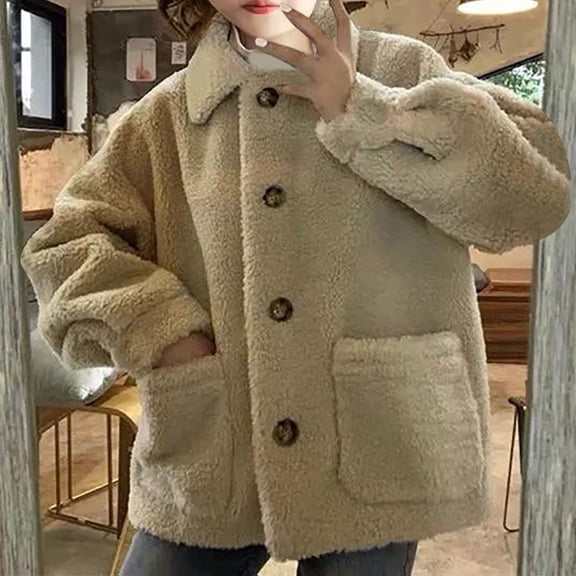 Brondbend Women Coat Jacket Womens Lapel Long Sleeved Button Outerwear Solid Color Leisure Loose Fit Jacket Ladies Holiday Tops Beige