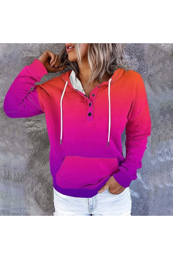 Women Hoodie Pull over Hoodie for Womens Long Sleeved Pockets Drawstring Button Pullover Print Comfy Stylish Plus Size Tops Ladies Weekend Workout Fall Winter Wear Hot Pink