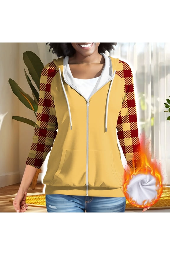 Women Hoodie Pullover Woman Long Sleeved Zipper Pockets Drawstring Pullover Plaid Comfy Trendy Loose Tops Lady Outdoor Running Fall Winter Wear Yellow