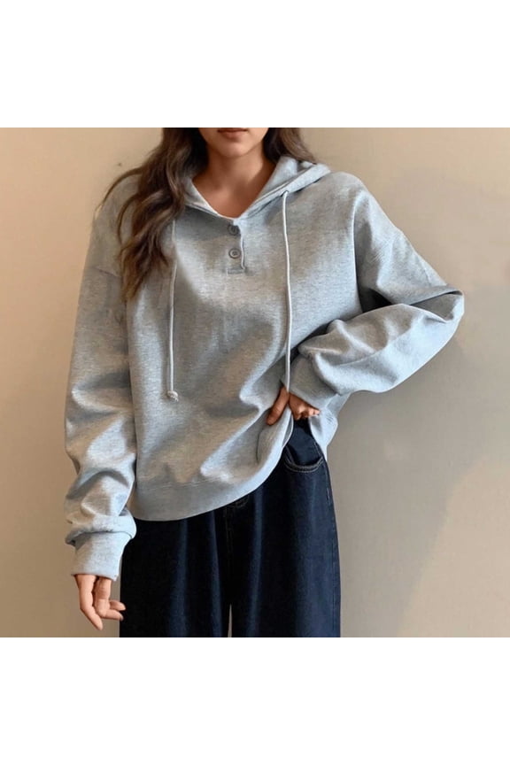 Women Hoodie Sweatshirt Hoodies for Women Long Sleeved Button Pullover Solid Color Comfy Stylish Plus Size Tops Ladies Fitness Workout Fall Winter Wear Gray