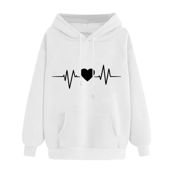 Brondbend Women Hoodies Pullover for Womens Long Sleeved Drawstring Pocket Pullover Print Comfortable Oversized Tops Ladies Fitness Workout Fall Winter Wear White