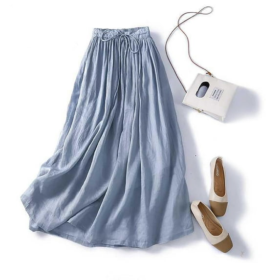 WWV Women Maxi Skirt Elastic Waist Flowy Swing Cotton Linen Skirt Dress with Drawstring Summer Solid Color Vintage Ladies Loose Fit Birthday Party Skirt Blue L