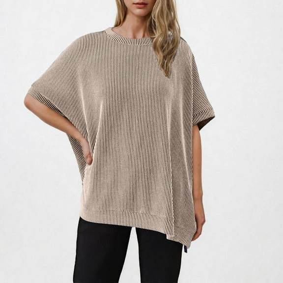 Brondbend Women Shirt Womens Tops Crewneck Short Sleeved Solid Color Blouse Stylish Loose Fit Lady Tops Travel Spring Summer Clothes Beige