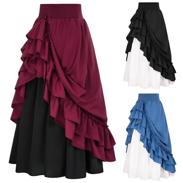 WWV Women Skirts Long High Waisted Flowy Ruffle Hem Skirt Dress Summer Solid Color Vintage Lady Loose Fit Weekend Skirt Black L