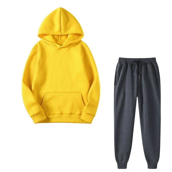 Brondbend Women Sweat Suits 2 Piece Set Long Sleeve Solid Large Pocket Hooded Tracksuit Stretch Waist Drawstring Jogger Sweatpants with Pocket Regular Fit Fall Workout Outfits,Yellow