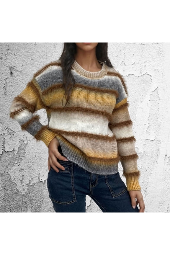 Women Sweater Knit Tops for Women Fall Crewneck Long Sleeved Print Top Trendy Oversized Thick Pullover Winter Comfortable Party Warm TopBrown