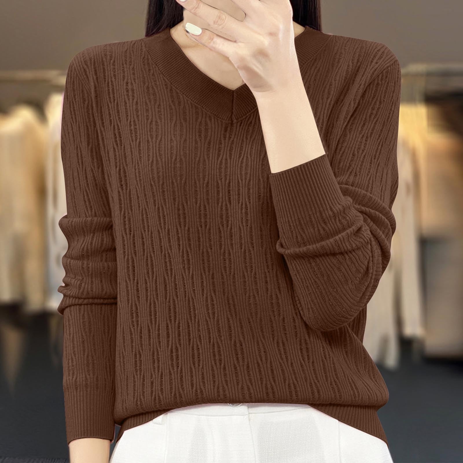 Brondbend Women Sweater Knit Tops for Women Fall Long Sleeved V Neck Solid Color Top Trendy ...