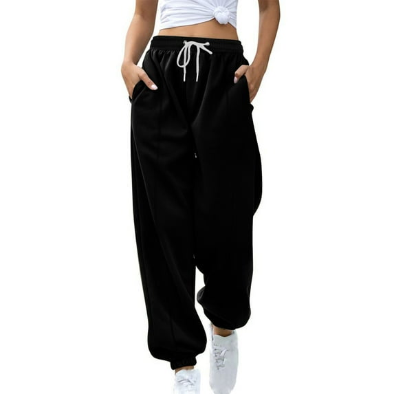 Brondbend Women Sweatpants Jogger Pants for Women Solid Color High Elastic Waist Belly Control Drawstring Ankle Workout Trousers with Pocket Loose Fitting Fall Winter Gym Athletic Trendy