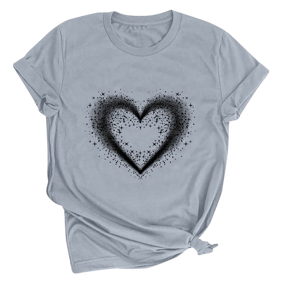 Brondbend Women T-Shirts Valentine's Day Tops for Women Crewneck Short Sleeve Print Blouse Casual Loose Fit Lady Tops Daily Spring Summer Clothes Gray