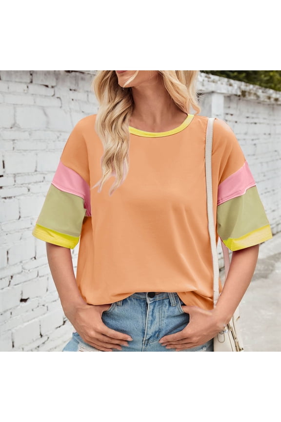 Women Tops Trendy Womens Tshirt Crew Neck Short Sleeved Blouse Multicolour Stylish Loose Fit Holiday Tops Summer Fall Wear,Orange