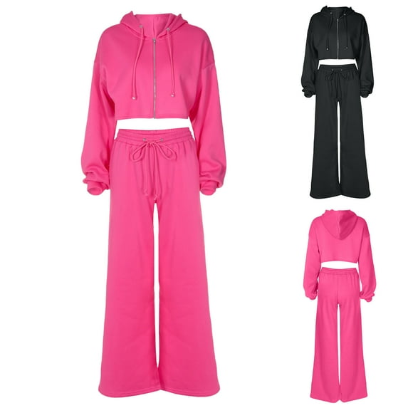 Brondbend Women Track Suits 2 Piece Set Full Zipper Solid Color Long Sleeve Hoodie Pullover Elastic Waist Sweatpant Set with Drawstring Loose Fit Gym Athletic Outdoor Jogger Sweatsuits,Black