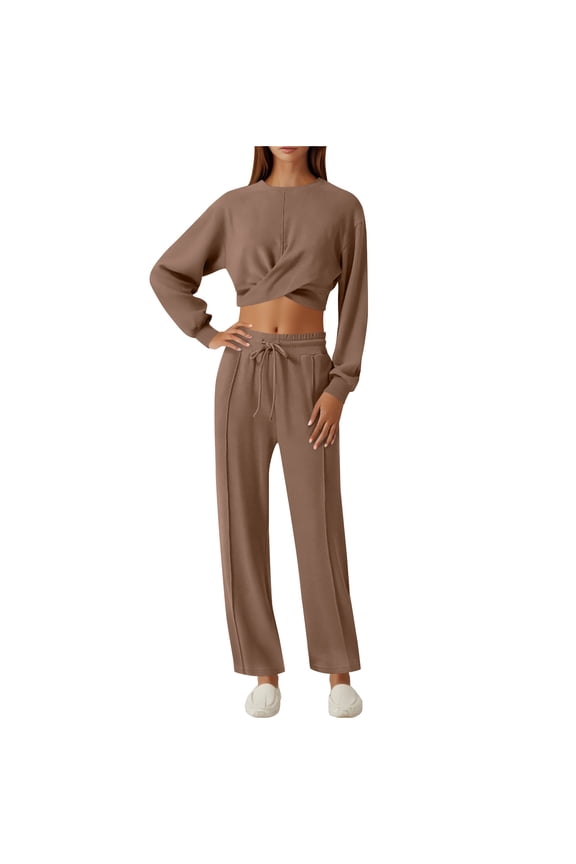 Women Track Suits 2 Piece Set Solid Crew Neck Long Sleeve Pullover Sweatshirt Suit Mid Elastic Waist Drawstring Jogger Sweatpants Loose Fit Fall Outdoor Workout Tracksuit,Khaki