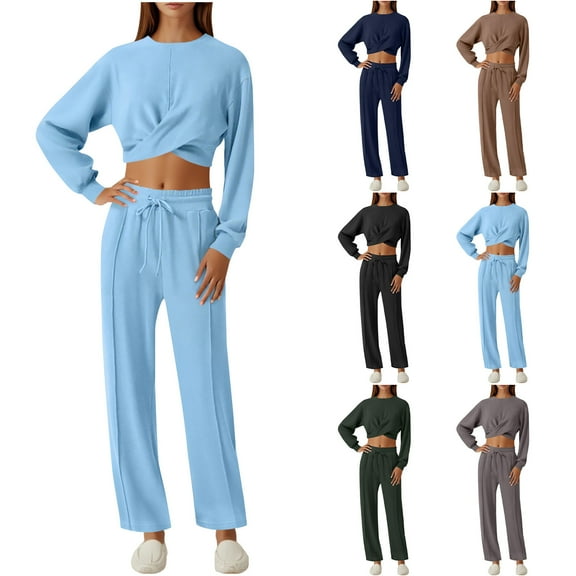 Brondbend Women Track Suits 2 Piece Set Solid Crew Neck Long Sleeve Pullover Sweatshirt Suit Mid Elastic Waist Drawstring Jogger Sweatpants Loose Fit Fall Outdoor Workout Tracksuit,Black