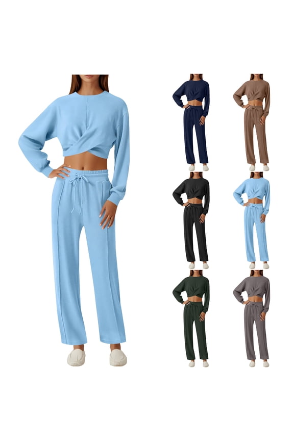 Women Track Suits 2 Piece Set Solid Crew Neck Long Sleeve Pullover Sweatshirt Suit Mid Elastic Waist Drawstring Jogger Sweatpants Loose Fit Fall Outdoor Workout Tracksuit,Black