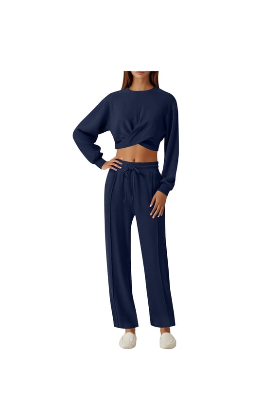 Women Track Suits 2 Piece Set Solid Crew Neck Long Sleeve Pullover Sweatshirt Suit Mid Elastic Waist Drawstring Jogger Sweatpants Loose Fit Fall Outdoor Workout Tracksuit,Navy
