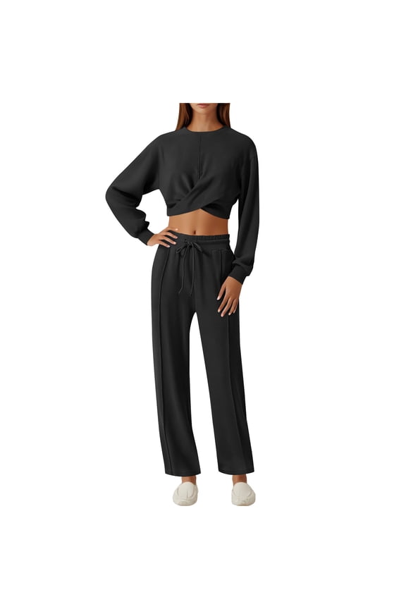 Women Track Suits 2 Piece Set Solid Crew Neck Long Sleeve Pullover Sweatshirt Suit Mid Elastic Waist Drawstring Jogger Sweatpants Loose Fit Fall Outdoor Workout Tracksuit,Black