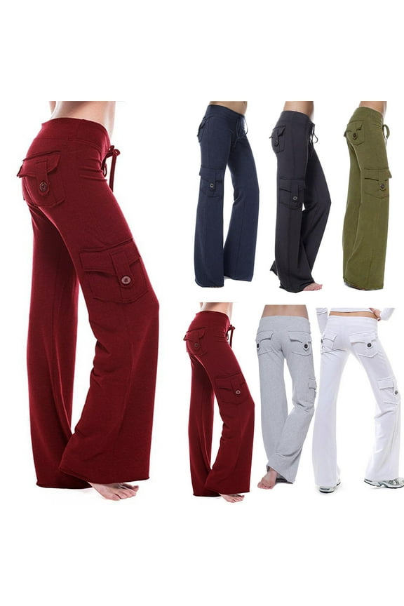 Women Workout Leggings High Waisted Belly Control Yoga Pants Stretch Waist Solid Color Drawstring Button Pocket Athletic Jogger Trousers Casual Loose Outdoor Gym Running Comfy