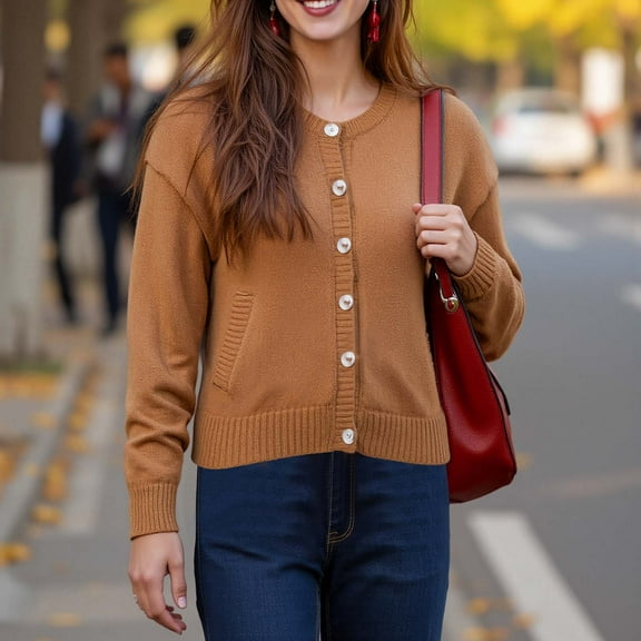 Brondbend Women's Cardigan Sweater Crewneck Long Sleeved Open Front Button Down Knitted Sweater with Pocket Slim Fit Fall Casual Work or Trendy Party Comfortable Outerwear,Brown