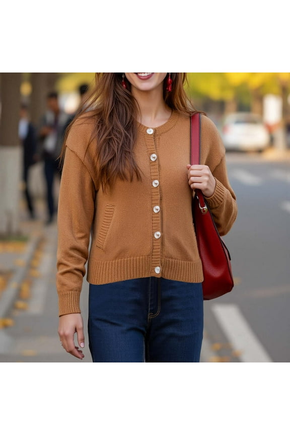 Women's Cardigan Sweater Crewneck Long Sleeved Open Front Button Down Knitted Sweater with Pocket Slim Fit Fall Casual Work or Trendy Party Comfortable Outerwear,Brown