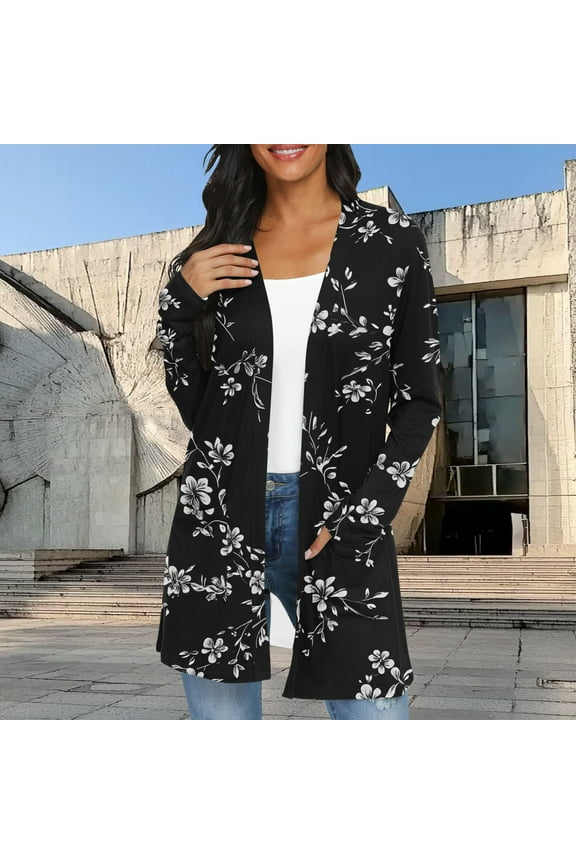 Women's Cardigans Lightweight Long Sleeved Floral Printed Open Front Casual Coat with Pocket Loose Fit Fall Going out Party Comfortable Outerwear,Black