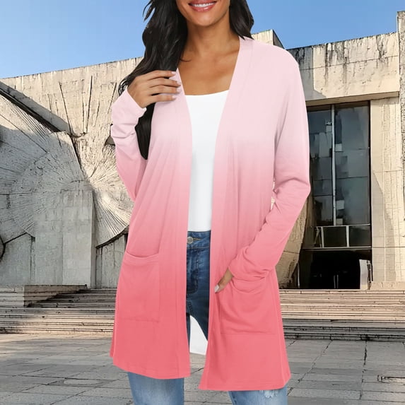 Brondbend Women's Cardigans Lightweight Long Sleeves Gradient Color Open Front Fashion Cotton Coat with Pocket Loose Fit Fall Beach Vacation Casual Outerwear,Pink