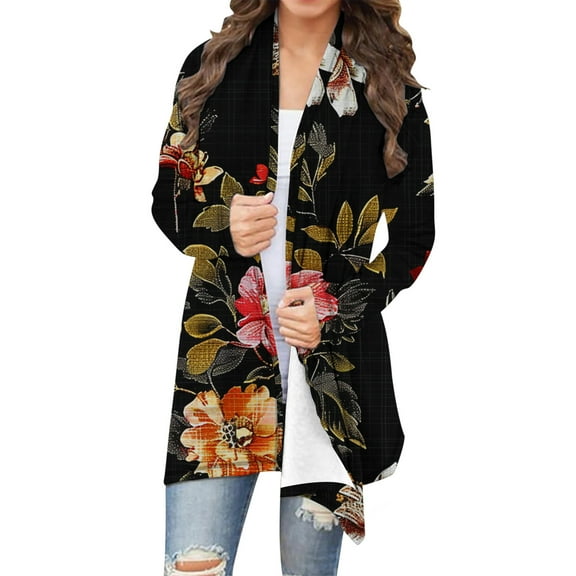Brondbend Women's Cardigans Tops for Womens Long Sleeved Bohemia Floral Printed Open Front Fashion Cardigans Plus Size Fall Beach Vacation Casual Outerwear Versatile,Black