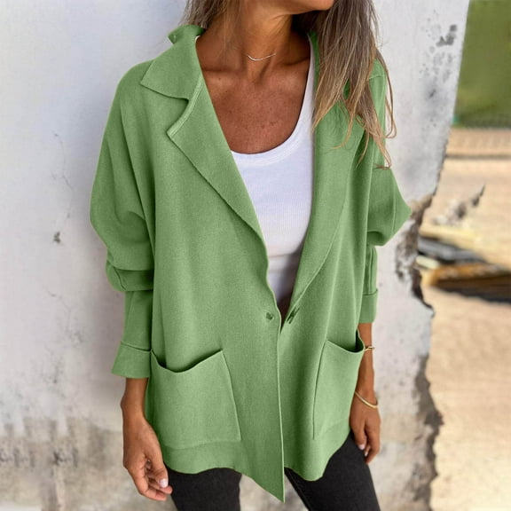 Brondbend Women's Coat Women’s Jacket Turndown Collar Long Sleeved Pocket Button Outerwear Solid Color Stylish Loose Jacket Lady Festival Tops Green