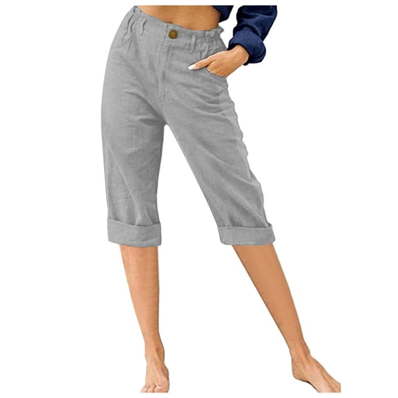 YLOMAY Women's Cropped Pants Women Capri Pants Solid Color Stretch Mid Waist Drawstring Straight Leg Button Cotton Linen Casual Trousers with Pocket Regular Fit Summer Fall Beach Lightweight