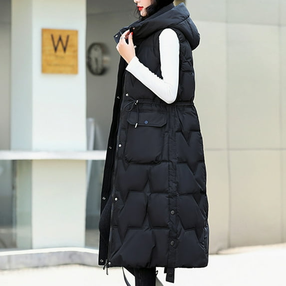 Brondbend Women's Fashion Vests Womens Winter Coat Hooded Sleeveless Pocket Zipper Outerwear Solid Color Thick Loose Fit Coats Ladies Outdoor Tops Black