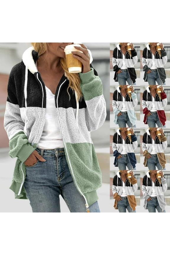 Women's Fleece Jackets Winter Coats for Women Zipper Hooded Drawstring Multicolour Long Sleeve Plush Outerwear Oversized Casual Fall Winter Outdoor Warm Clothes,Black