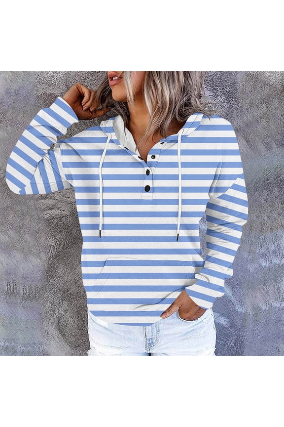Women's Hoodie Pullover Woman Long Sleeved Drawstring Pocket Button Pullover Stripe Stylish Oversized Tops Ladies Daily Sports Fall Winter Wear Light Blue