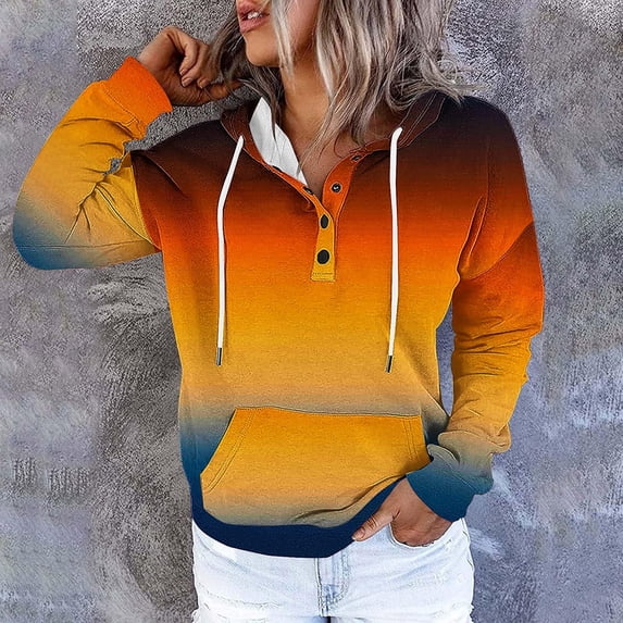 Brondbend Women's Hoodie Pullover Women Long Sleeved Pockets Drawstring Button Pullover Print Comfy Stylish Loose Tops Lady Gym Workout Fall Winter Wear Brown