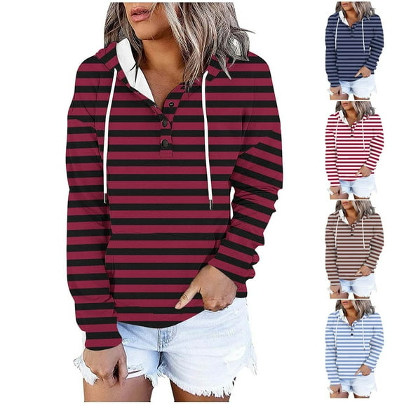 Brondbend Women's Hoodie Pullover Womens Long Sleeved Drawstring Pocket Button Pullover Stripe Stylish Oversized Tops Lady Mountaineering Fall Winter Wear Brown
