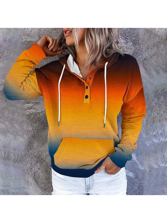 Women's Hoodie Women Pullover Long Sleeved Pockets Drawstring Button Pullover Print Comfy Stylish Plus Size Tops Ladies Outdoor Sport Fall Winter Wear Brown