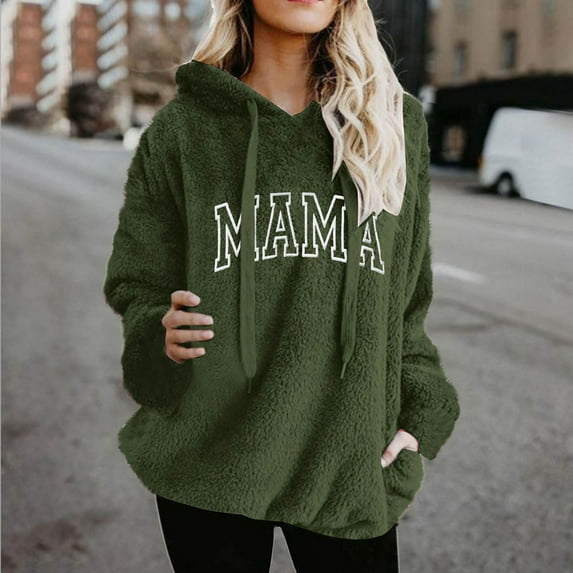 Brondbend Women's Hoodie Women Sweatshirts Long Sleeved Drawstring Pocket Pullover Print Casual Loose Tops Lady Vacation Workout Fall Winter Wear Army Green