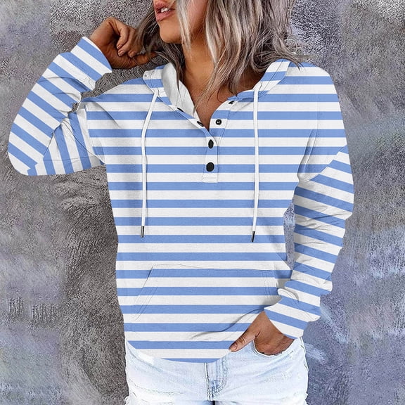 Brondbend Women's Hoodies Hoodies for Women Pullover Long Sleeved Drawstring Pocket Button Pullover Stripe Stylish Loose Fit Tops Lady Outdoor Athletic Fall Winter Wear Light Blue