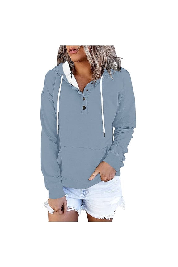 Women's Hoodies Pullover Hoodies for Women Long Sleeved Drawstring Pocket Button Pullover Print Casual Loose Tops Ladies Fitness Workout Fall Winter Wear Gray