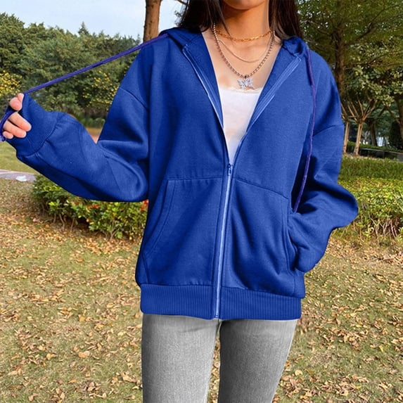 Brondbend Women's Hoodies Sweatshirt Hoodies for Women Long Sleeved Full Zipper Pocket Pullover Solid Color Soft Stylish Plus Size Tops Lady Sports Fall Winter Clothes Blue