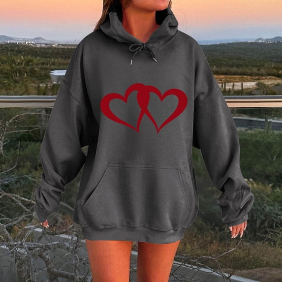 Brondbend Women's Hoodies Women Sweatshirts Long Sleeved Drawstring Pocket Pullover Print Stylish Loose Tops Lady Outdoor Workout Fall Winter Wear Dark Gray