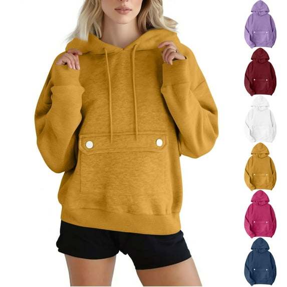 Brondbend Women's Hoodies Womens Pullovers Long Sleeved Button Down Solid Color Front Pocket Casual Sweatshir with Drawstring Oversized Fall Winter Party Outdoor Workout Fashion Top(Hot Pink)