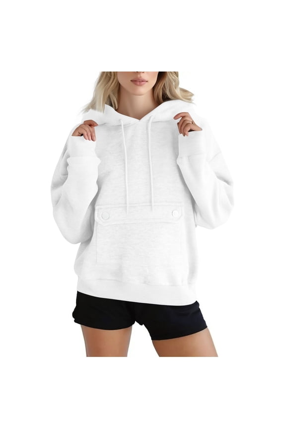 Women's Hoodies Womens Pullovers Long Sleeved Button Down Solid Color Front Pocket Casual Sweatshir with Drawstring Oversized Fall Winter Party Outdoor Workout Fashion Top(White)