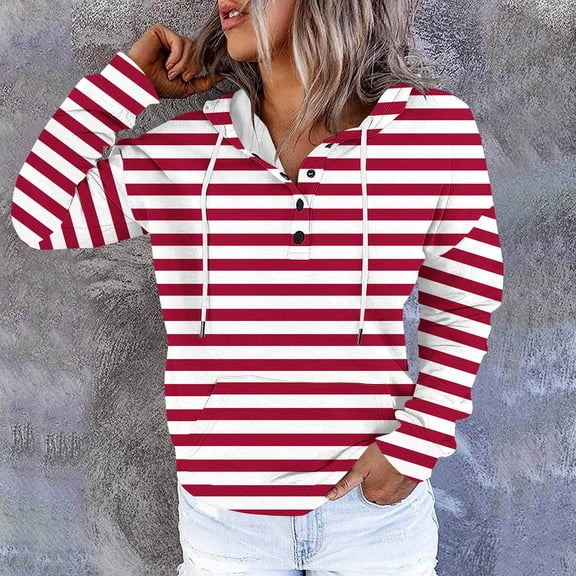 Brondbend Women's Hoodies Womens Sweatshirt Hoodie Long Sleeved Drawstring Pocket Button Pullover Stripe Stylish Loose Tops Ladies School Workout Fall Winter Wear Red
