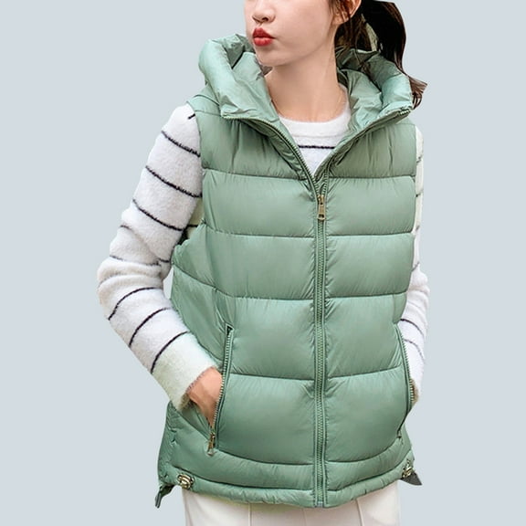 Brondbend Women's Jackets Women's Winter Coats Hooded Sleeveless Pocket Zipper Outerwear Solid Color Fashion Loose Fit Coats Ladies Travel Tops Green