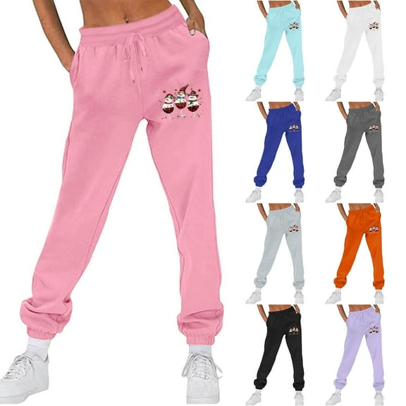 Brondbend Women’s Joggers Womens Sweatpants High Elastic Waisted Christmas Print Pocket Drawstring Workout Trousers Plus Velvet Basic Fit Running Fitness Comfortable Sports Pants,Black