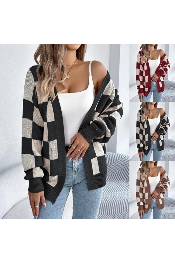 Women's Knitted Cardigans Fall Sweater for Womens Long Sleeves Plaid Printed Open Front Casual Coat Loose Fit Fall Going out Party Comfortable Outerwear Versatile,Black